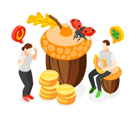 Lucky symbols concept composition with human couple among the large images of golden coins acorn ladybug isometric vector illustration