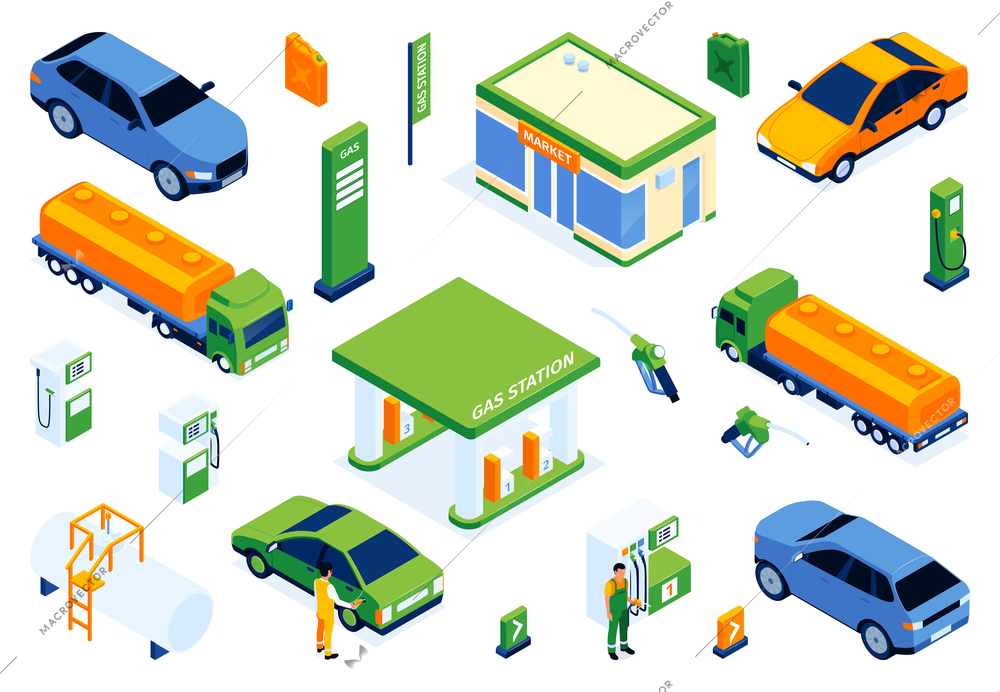 Isometric gas station color set with isolated icons of cars and tanker trucks with petrol stands vector illustration