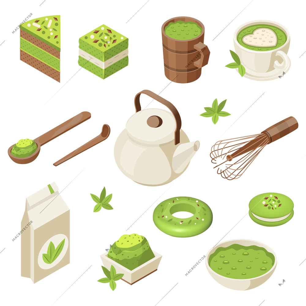 Matcha isometric set with isolated icons of powder cups leaves tea kettle with spoon and sweets vector illustration