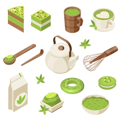 Matcha isometric set with isolated icons of powder cups leaves tea kettle with spoon and sweets vector illustration
