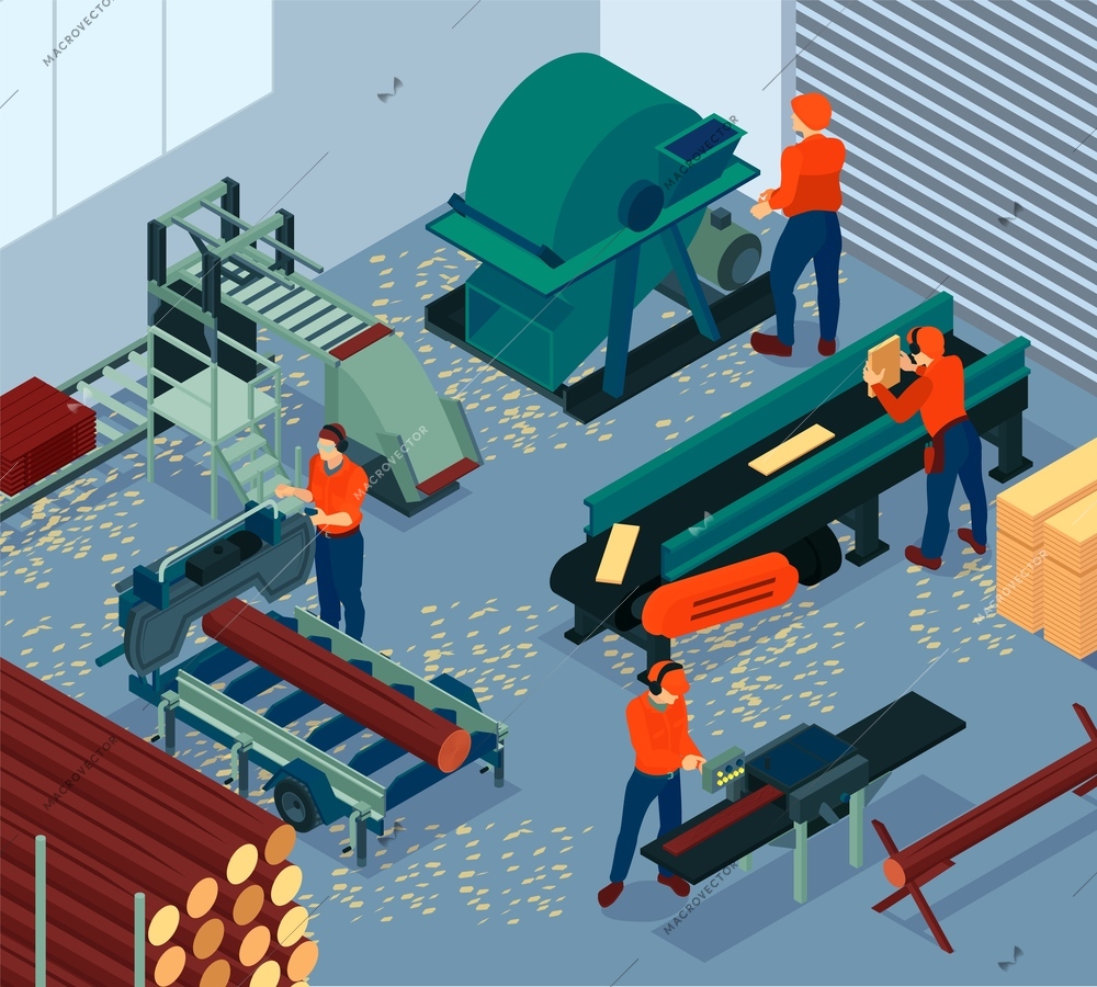 Isometric sawmill lumberjack composition with indoor view of wood plant with machinery and workers wearing uniform vector illustration
