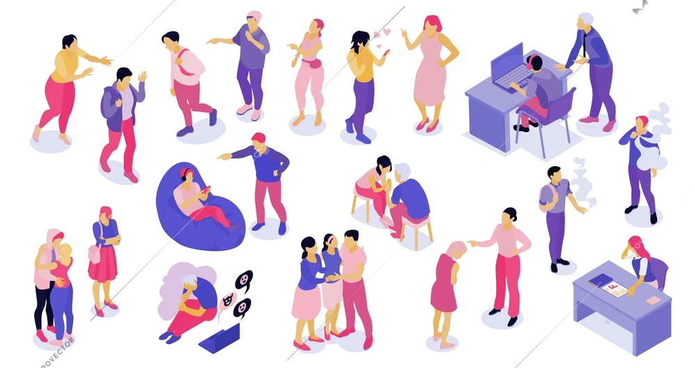 Isometric teenagers parents color set of isolated icons with characters of mature people into casual activities vector illustration