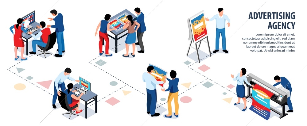 Isometric advertising agency infographics with flowchart of collaborating workers designers with dashed lines and editable text vector illustration