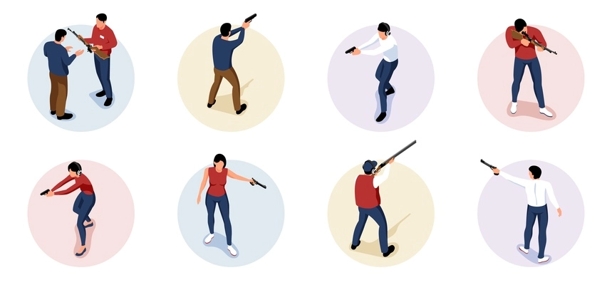 Set with isolated isometric shooting range circle compositions with human characters pointing guns with pistols rifles vector illustration