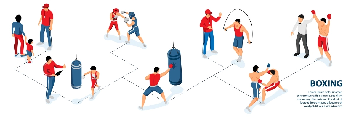 Isometric boxing infographics with isolated images of practicing children fighting adults with coach and editable text vector illustration