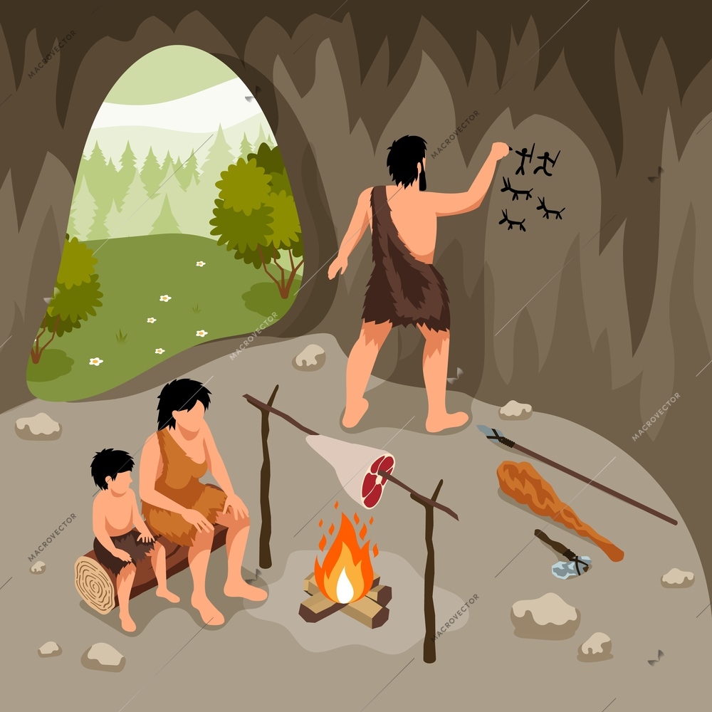 Isometric primitive people composition with view of tribal family in cave with man drawing on walls vector illustration