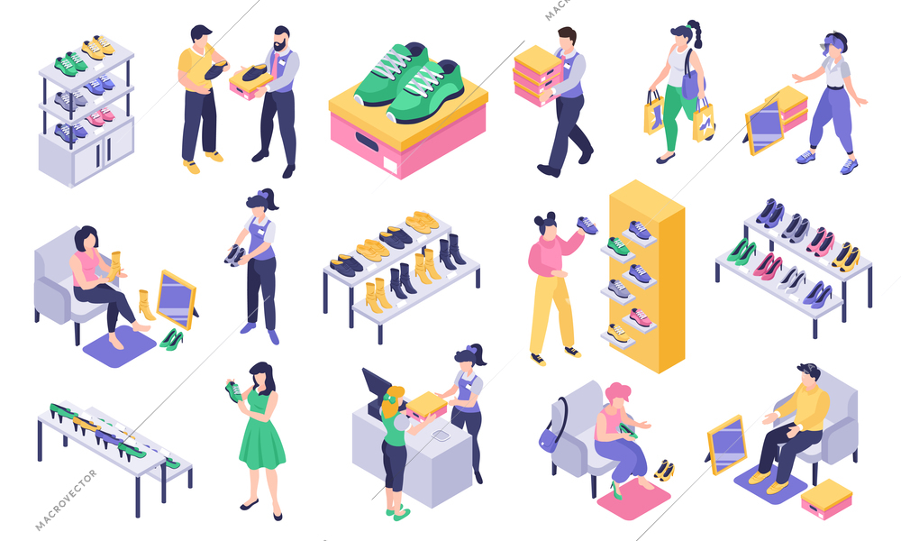 Isometric shoe store set with customers shop assistants and goods isolated 3d vector illustration