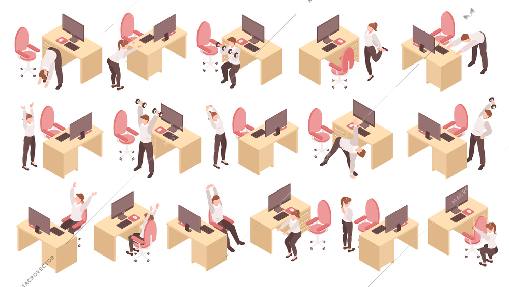 Isometric set of men and women doing sport workout stretching squats at work place in office 3d isolated vector illustration