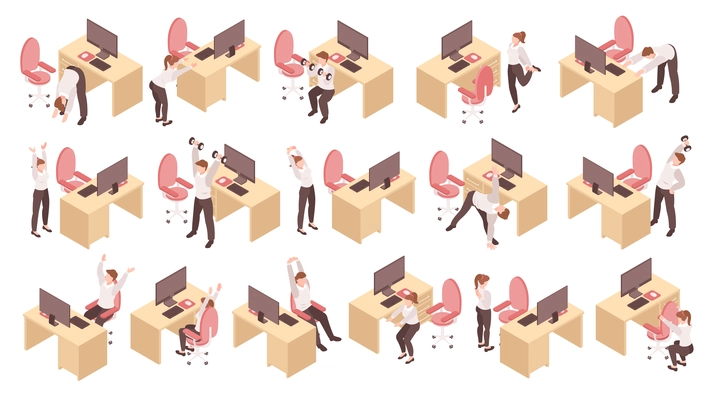 Isometric set of men and women doing sport workout stretching squats at work place in office 3d isolated vector illustration