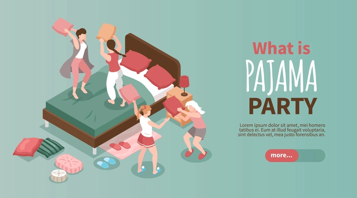 Pajama party horizontal web banner with girls having pillow fight in bedroom 3d isometric vector illustration