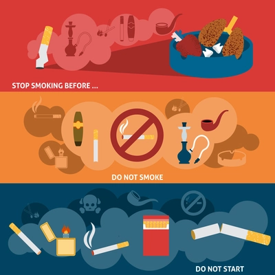 Smoking kills harmful hazzard habit flat horizontal banner set isolated vector illustration