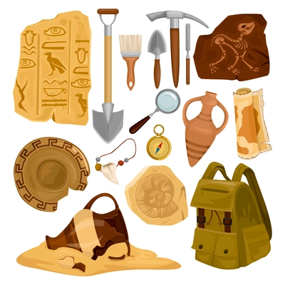 Set with isolated archeology ancient artifacts icons with images of digging tools and elements of antiquity vector illustration