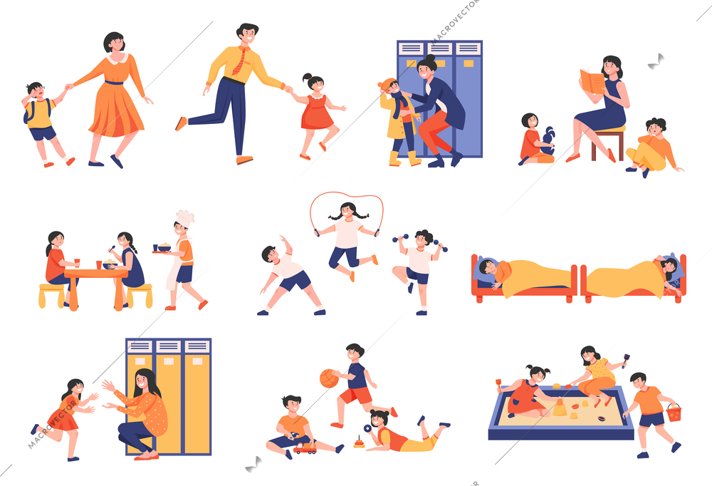 Set with isolated kindergarten icons with play equipment and children characters with nursery teacher and toys vector illustration