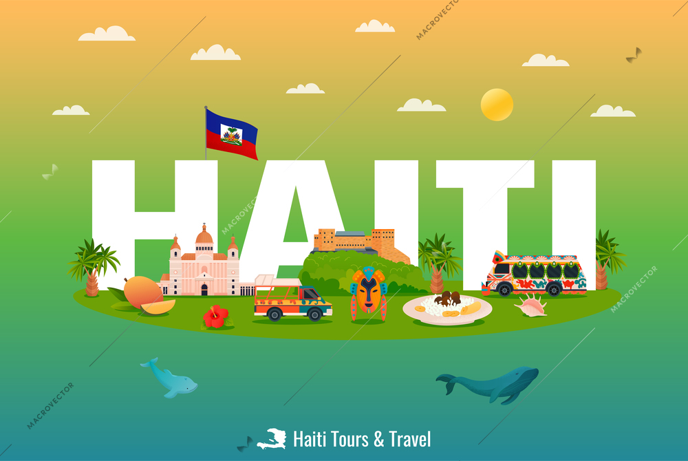 Haiti tours flat horizontal poster with haitian flag sights cuisine nature on colored background vector illustration