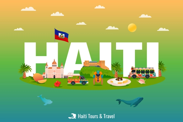Haiti tours flat horizontal poster with haitian flag sights cuisine nature on colored background vector illustration