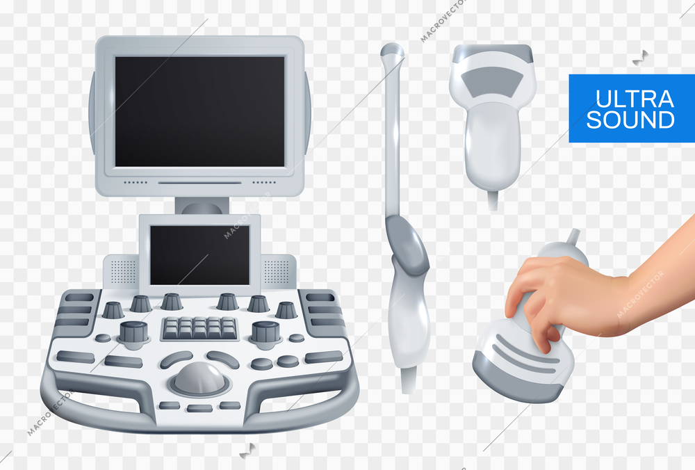 Ultrasound realistic design concept set of medical equipment for ultrasonography checkup on transparent background isolated vector illustration