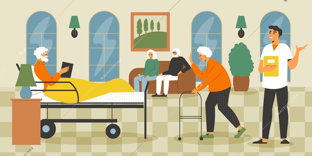 Nursing home flat background with doctor monitoring disabled patients and elderly people at leisure and routine life vector illustration