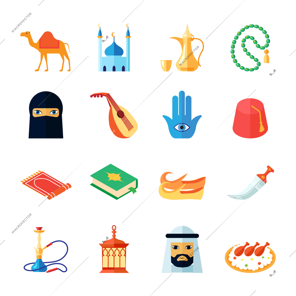 Arabic culture and religion middle east traditional icon flat set isolated vector illustration