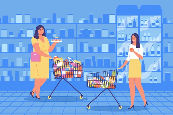 Scene in supermarket flat composition showing oversized woman and girl following diet with grocery carts vector illustration