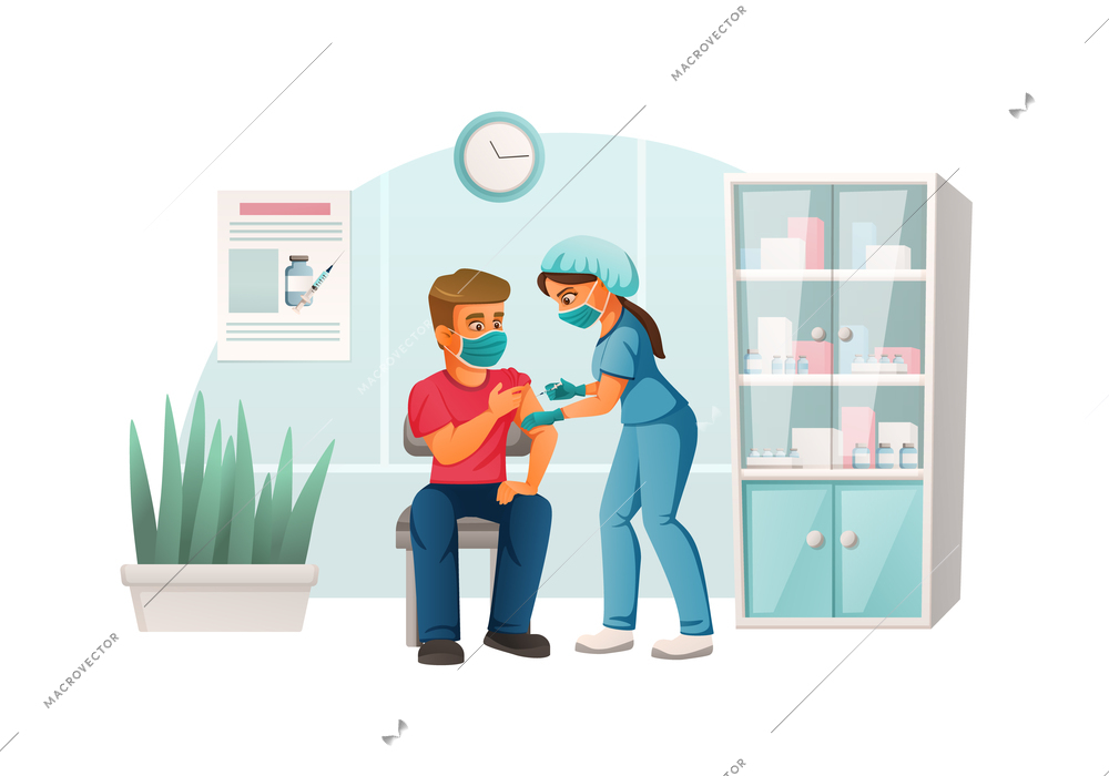 Man in medical mask getting vaccination in doctors office cartoon vector illustration