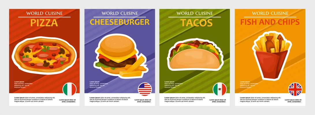 Cuisines world poster set with four isolated vertical compositions of popular street food images and text vector illustration