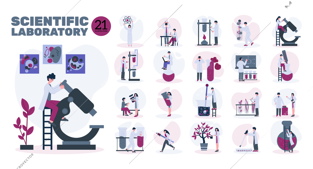 Laboratory set of flat isolated compositions with small human characters of scientists with lab equipment items vector illustration