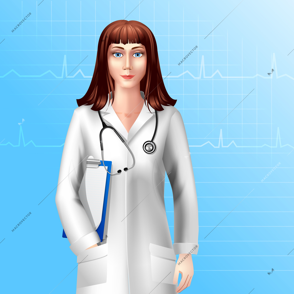 Young pretty female doctor character in uniform with stethoscope vector illustration