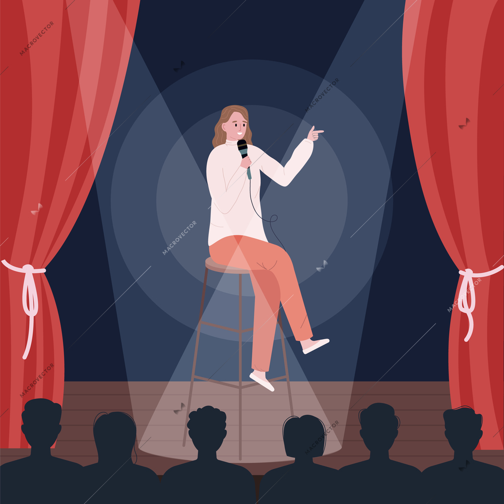 Stand up comedy show open microphone flat composition with view of female comedian sitting on stage vector illustration