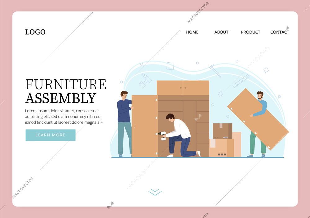 Furniture assembly flat web site landing page design with images and clickable text links with buttons vector illustration