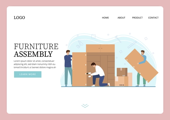 Furniture assembly flat web site landing page design with images and clickable text links with buttons vector illustration