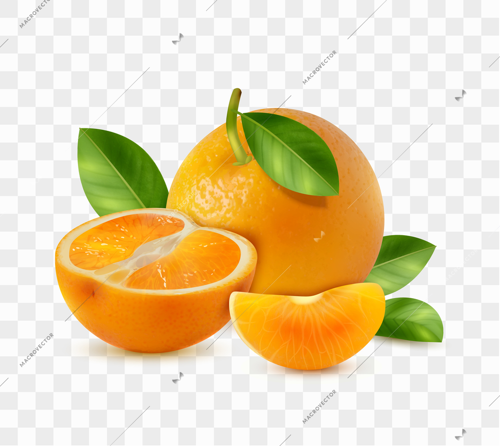 Realistic orange composition with transparent background and images of whole fruit with slices and ripe leaves vector illustration