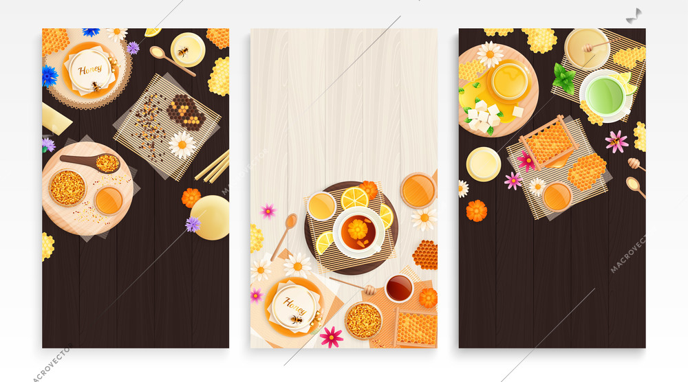 Beekeeping products set with three vertical cards wooden backgrounds and top view of dishes with honey vector illustration