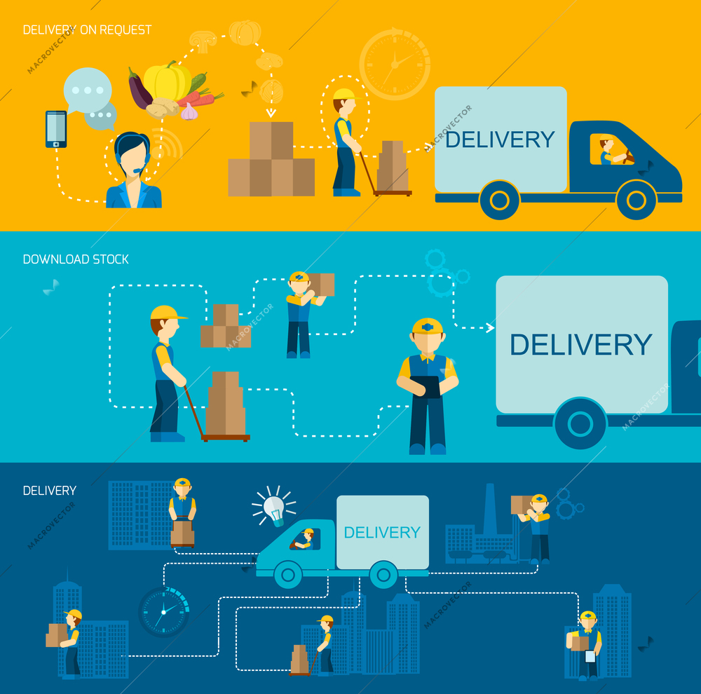 Delivery man banner flat set with request download stock elements isolated vector illustration