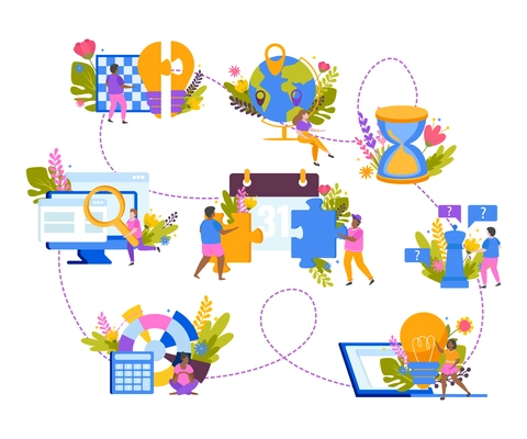Searching decisions concept flat composition with set of isolated doodle style images connected with dashed line vector illustration