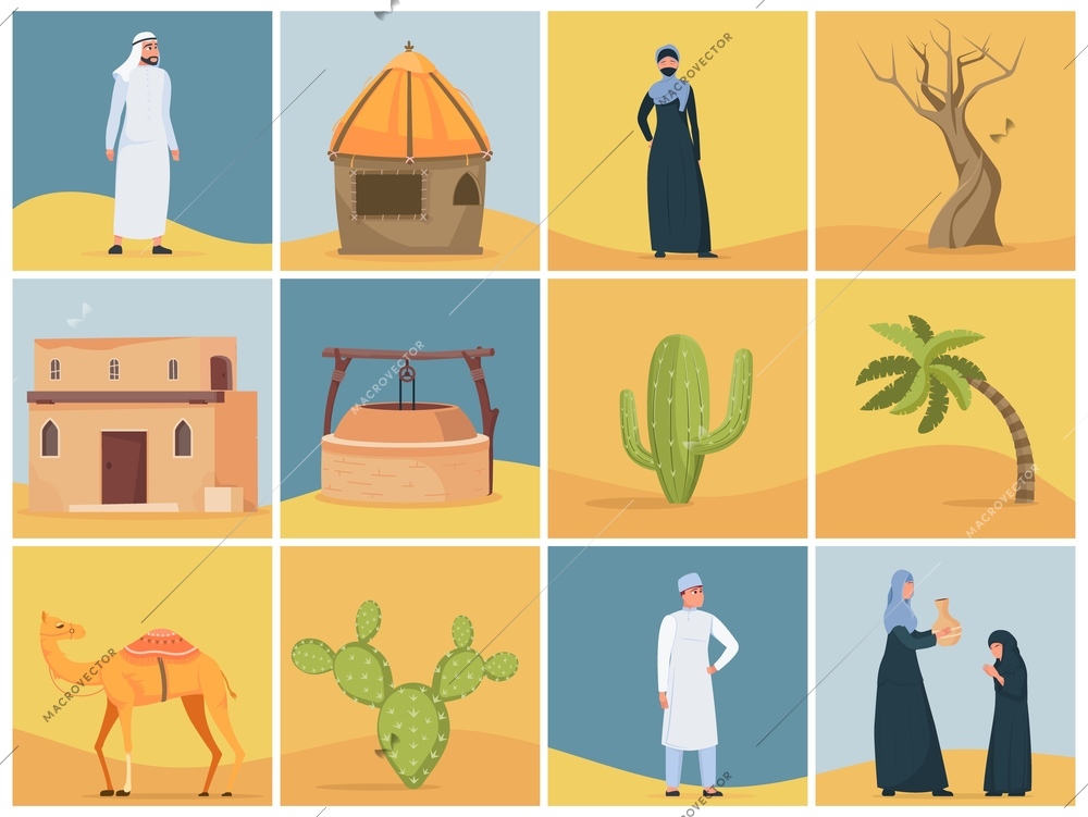 Desert set with isolated square compositions of wild landscapes historic buildings and locals in traditional clothes vector illustration