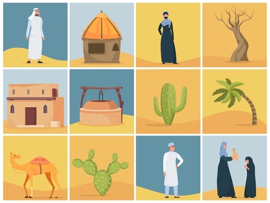 Desert set with isolated square compositions of wild landscapes historic buildings and locals in traditional clothes vector illustration