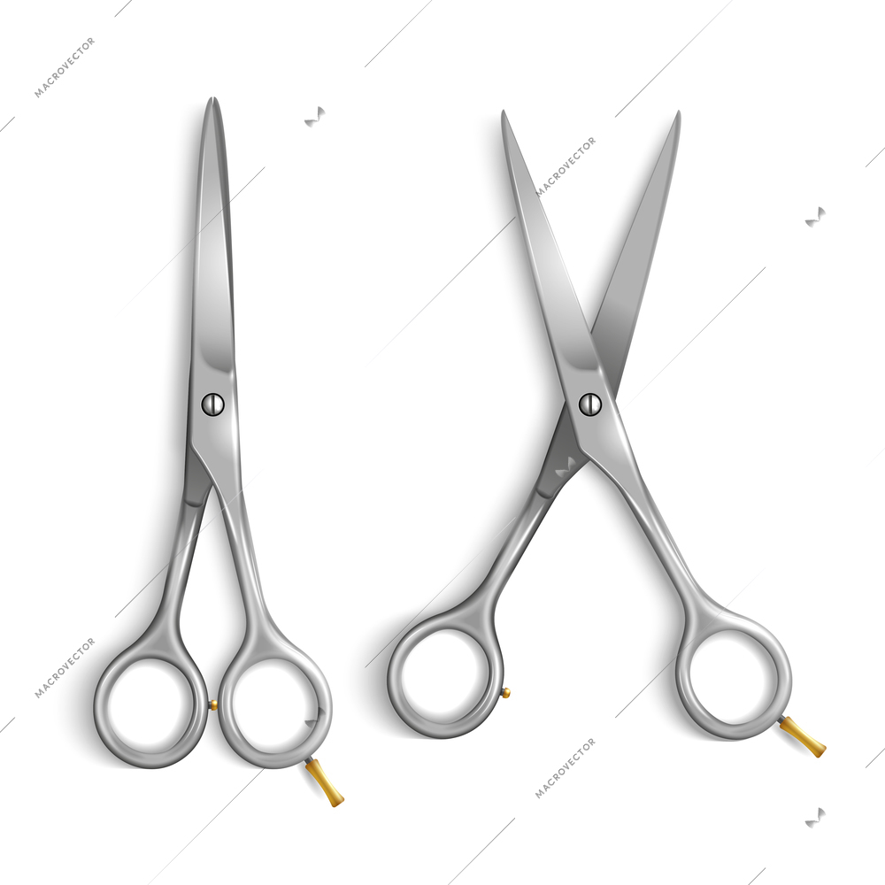 Realistic metallic scissors set of two options in open and closed form on white background isolated vector illustration