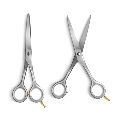 Realistic metallic scissors set of two options in open and closed form on white background isolated vector illustration