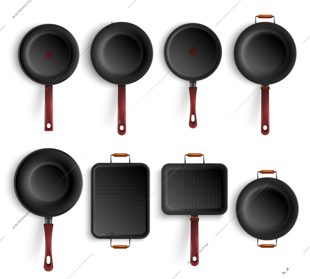 Top view of different forms of realistic frying non stick coating pan with various types of handles isolated vector illustration