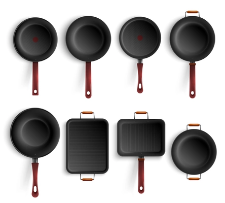 Top view of different forms of realistic frying non stick coating pan with various types of handles isolated vector illustration