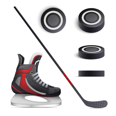 Hockey set with realistic skate stick top and side views of puck isolated vector illustration