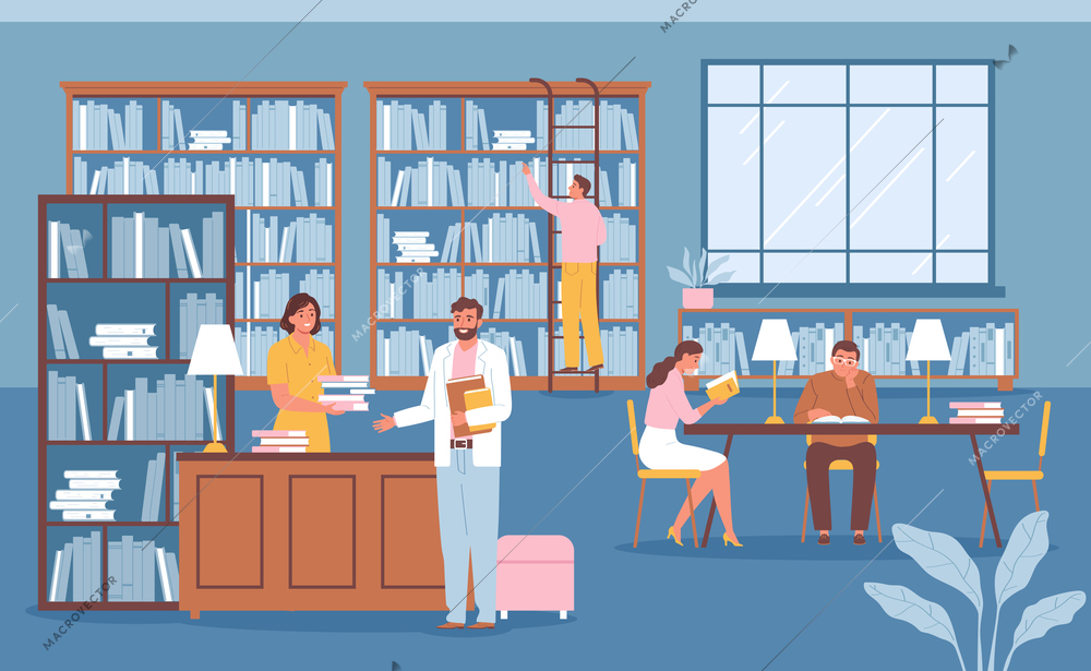 Library flat color background with people reading books at table and searching literature on bookshelves vector illustration