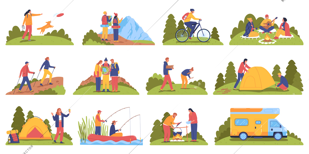 Hiking flat set of people setting up camp tent fishing from boat walking with dog isolated vector illustration