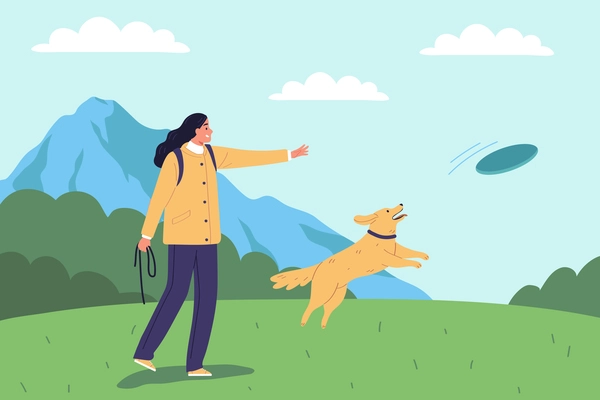Female character spending time outdoor walking with dog and playing disk flat background vector illustration