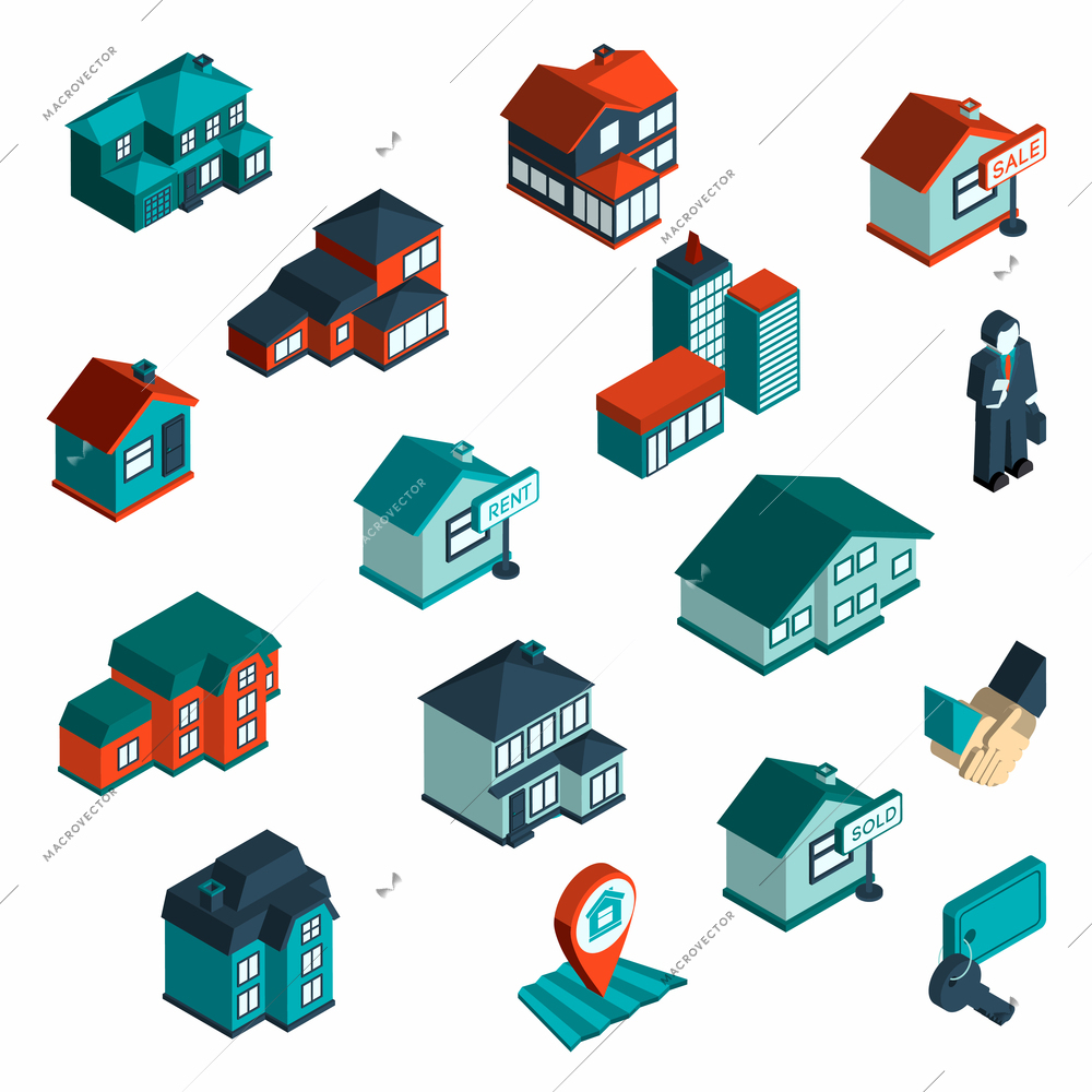 Real estate icon isometric set with houses and commercial buildings 3d isolated vector illustration