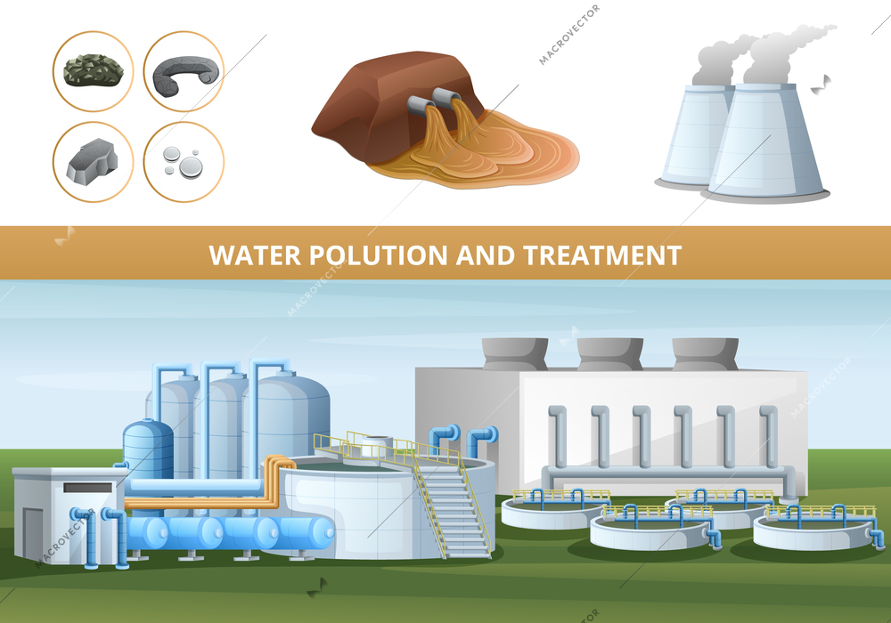 Water pollution and treatment cartoon poster with heavy metals sewage and purification plant vector illustration