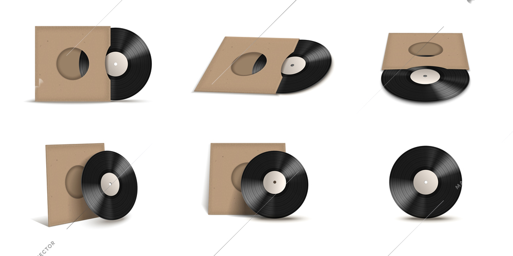 Vinyl record covers mockup realistic isolated icon set records in cardboard or kraft packages vector illustration