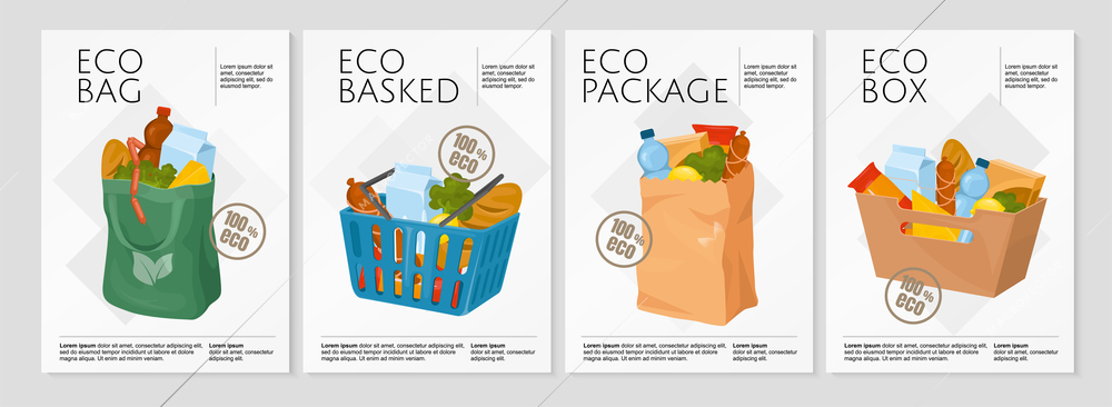 Eco food set of four vertical posters with editable text and images of eco friendly packages vector illustration