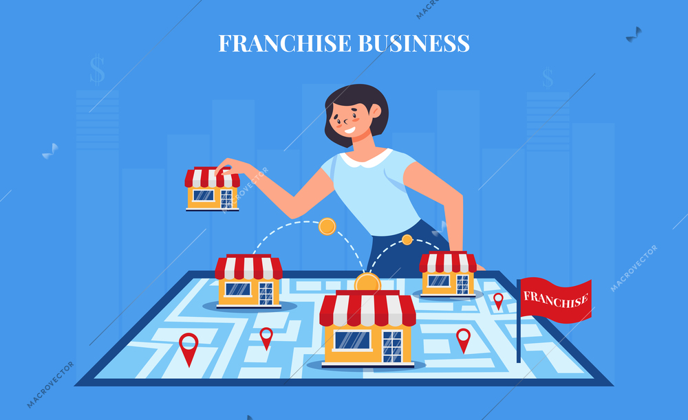 Franchise business map composition with female character moving shops on map with location signs and text vector illustration