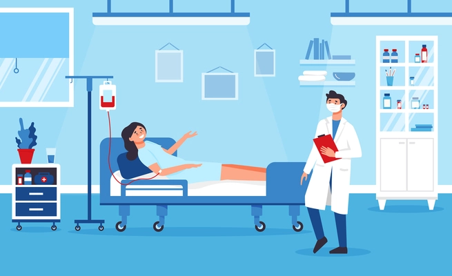 Hospital composition with indoor scenery of hospital ward interior with patient lying on bed with dripper vector illustration